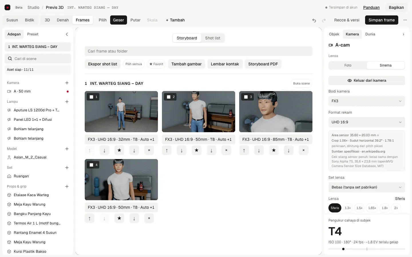 Tampilan Frames berisi beberapa frame storyboard, dengan tombol Storyboard PDF dan Ekspor shot list.
